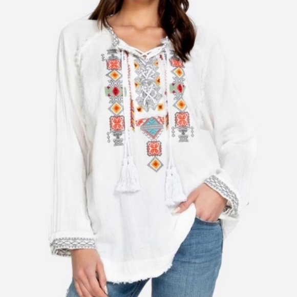 Johnny Was 100% Cotton Embroidered Tunic Tassels Blouse  Gauzy XS Oversized - Picture 1 of 8